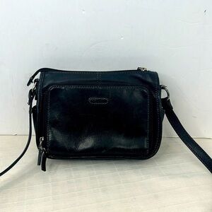 Vintage FOSSIL Black Leather Bag Rectangle Three-Compartment Purse Handbag